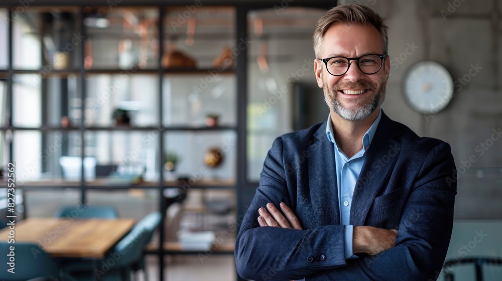 Businessperson with crossed arms, smiling confidently in a professional office Businessperson with crossed arms, smiling confidently in a professional office
