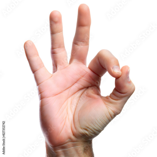 Hand Showing OK Sign: A close-up portrait of a hand making an OK sign, isolated on a white background, perfect for approval or satisfaction concepts. 