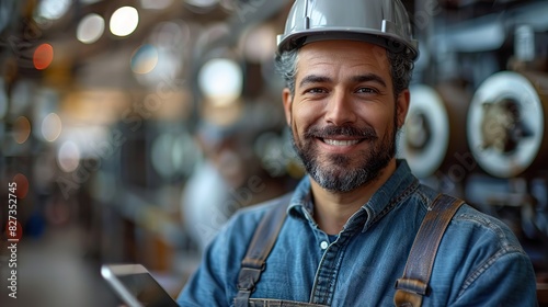 waist up portrait of middle eastern engineer wearing hardhat posing against white background holding tablet copy space with © Emile