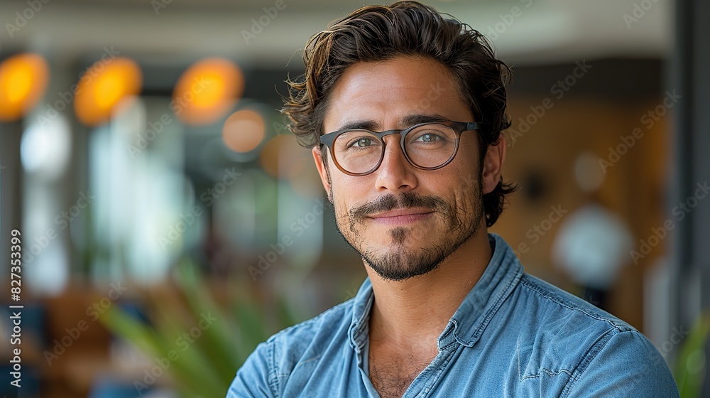 Fototapeta premium young hispanic man wearing blue shirt and glasses looking at camera with positive confident smile