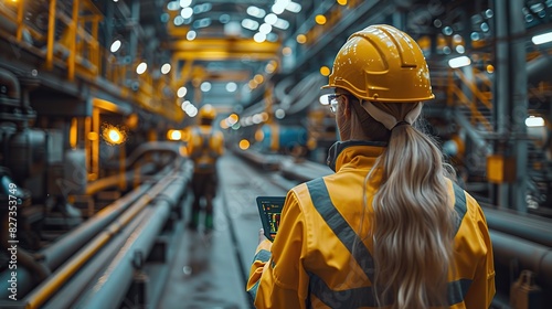 heavy industry engineers stand in pipe manufacturing factory use digital tablet computer have discussion construction of oil gas and fuels transport pipeline back view sparks flying