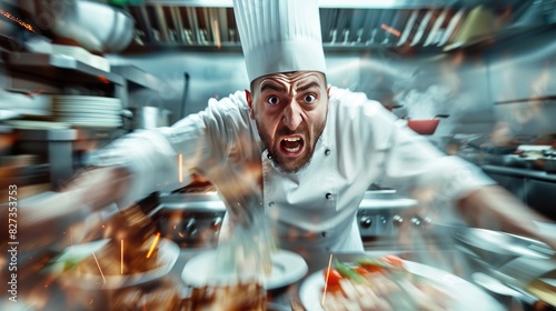 Chef in a busy kitchen with overwhelmed expression, no sous-chefs in sight