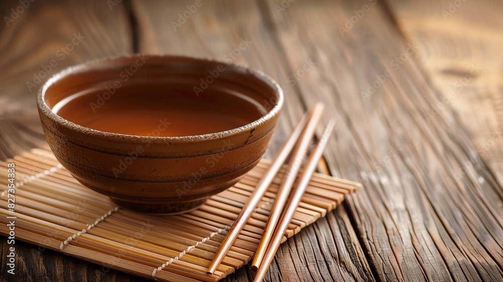 A beautiful bowl of rich and flavorful soup sits on a bamboo mat, accompanied by a pair of chopsticks. The soup is steaming hot and ready to be enjoyed. A beautiful bowl of rich and flavorful soup sits on a bamboo mat, accompanied by a pair of chopsticks. The soup is steaming hot and ready to be enjoyed.