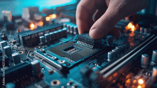 A person is reaching into a computer's internal components