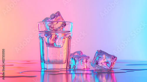 Ice cube falls into a transparent glass of water standing on mirror surface over gradient blue-pink background in neon light,Ice splashing into a glass of water