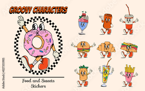 Set of characters in groovy style. Vector illustration. Junk and fast food. Psychedelic and hippie. Comic y2k. Hands. Retro poster. Drinks, fries, burger, croissant, ice cream, sandwich, coffee. 60s