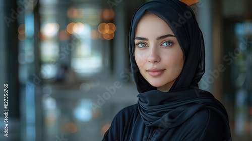 young confident arabian asian muslim woman in abaya hijab with hands crossed folded isolated on a plain blue background studio portrait