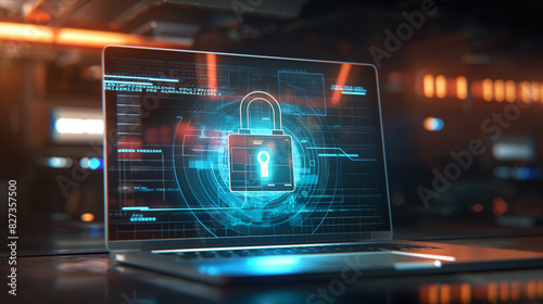 Futuristic laptop display shows holographic padlock in blue tone. Cybersecurity measures protect sensitive data with encryption and barrier graphics.