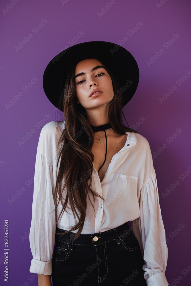 Fashionable Female in a Chic Black Outfit and Fedora Hat Fashionable Female in a Chic Black Outfit and Fedora Hat