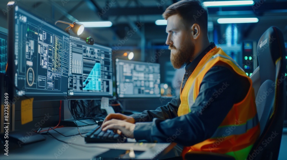 A man in an orange vest is working on a computer with two monitors A man in an orange vest is working on a computer with two monitors