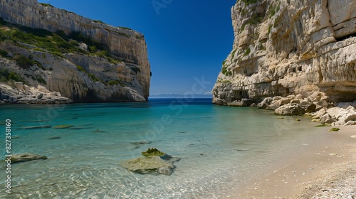 A secluded beach, shielded by cliffs, offers crystal-clear waters perfect for a swim.