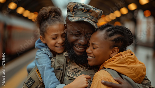 Soldier and family having a tearful reunion at the train station, with copy space photo