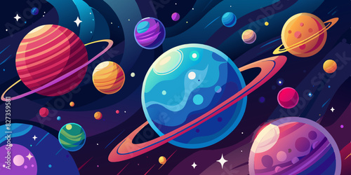 Dynamic universe scene with planets and celestial elements. Planets and stars illustration. Deep space exploration with vivid planetary orbits. Richly colored planets in a swirling cosmic flow. 