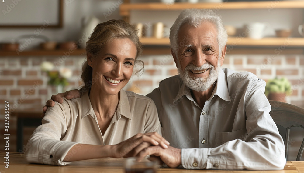 Elderly couple holding hands at a dining table, smiling warmly at each other, with copy space Elderly couple holding hands at a dining table, smiling warmly at each other, with copy space