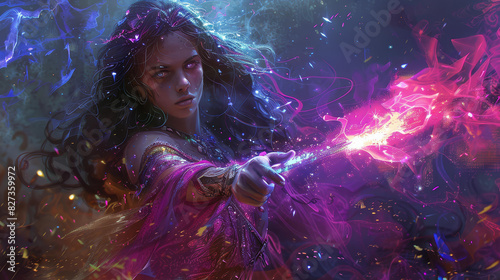 Illustration of a stunning sorceress with magical powers, beautifully detailed and vibrant.