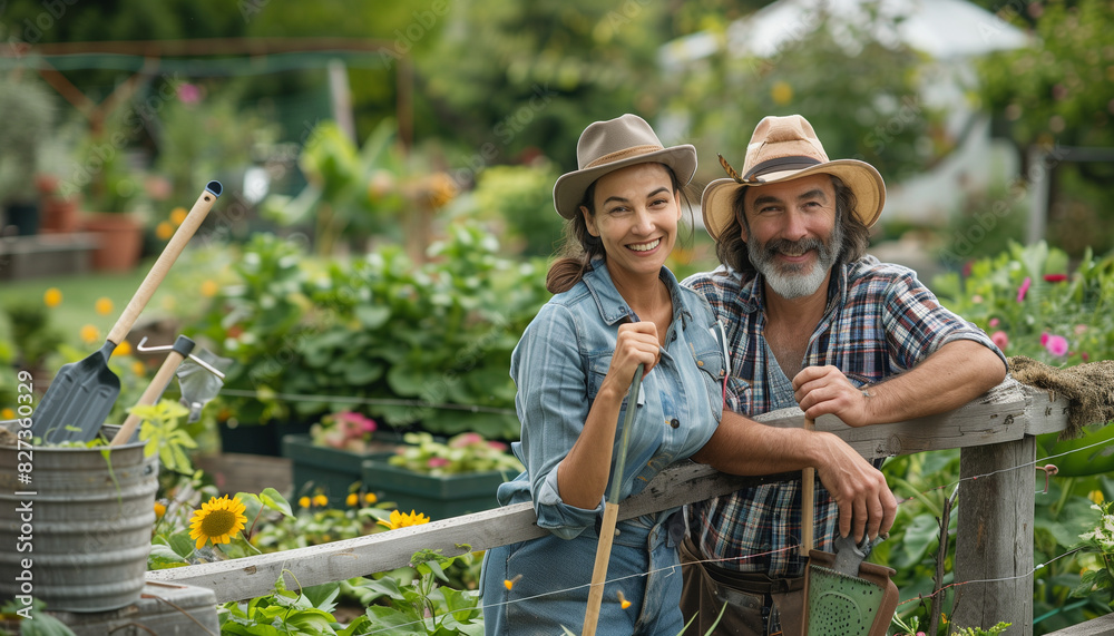 Neighbors leaning on a fence, both holding gardening tools, with a beautifully tended garden behind them, with copy space Neighbors leaning on a fence, both holding gardening tools, with a beautifully tended garden behind them, with copy space