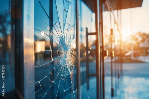 Close up of office window pane with shattered glass   vandalism or accident concept