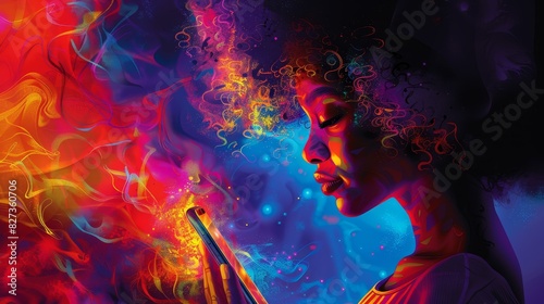 Vibrant illustration of sleek smartphone being used by beautiful woman, creating modern and connected atmosphere. © ChimE