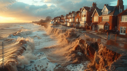 Coastal erosion threatening homes and infrastructure, showing the effects of rising sea levels and stronger storms. photo