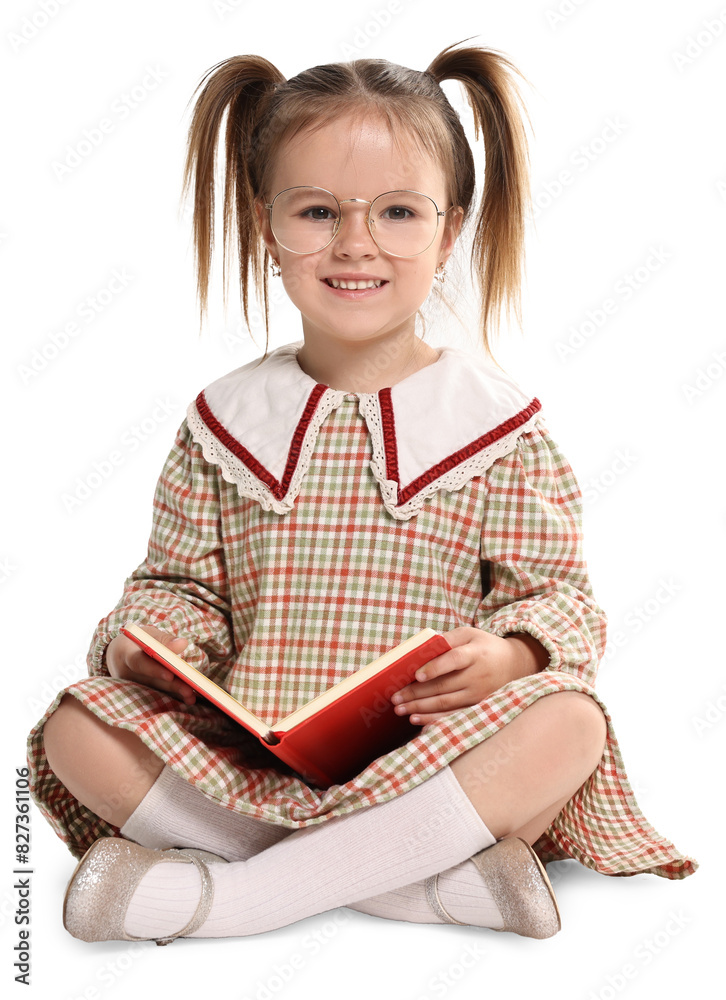 Cute little girl with book on white background Cute little girl with book on white background