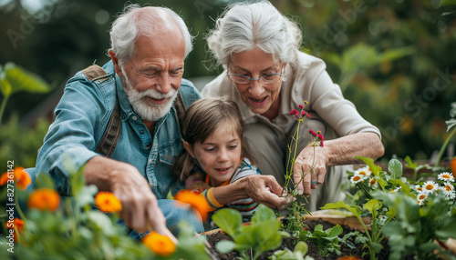 Grandparents and grandchildren gardening together, planting flowers and vegetables, with copy space