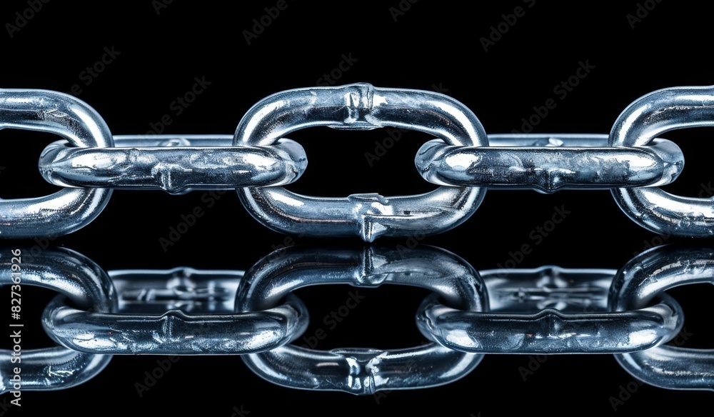 Strong metal chain links on reflective surface