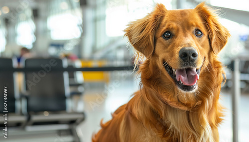 A dog enthusiastically greeting its owner at the airport  tail wagging furiously and happy barks  with copy space