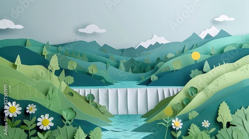 Paper cutout art showing a lush green landscape with a large dam disrupting the ecosystem, highlighting hydroelectric power environmental impact.