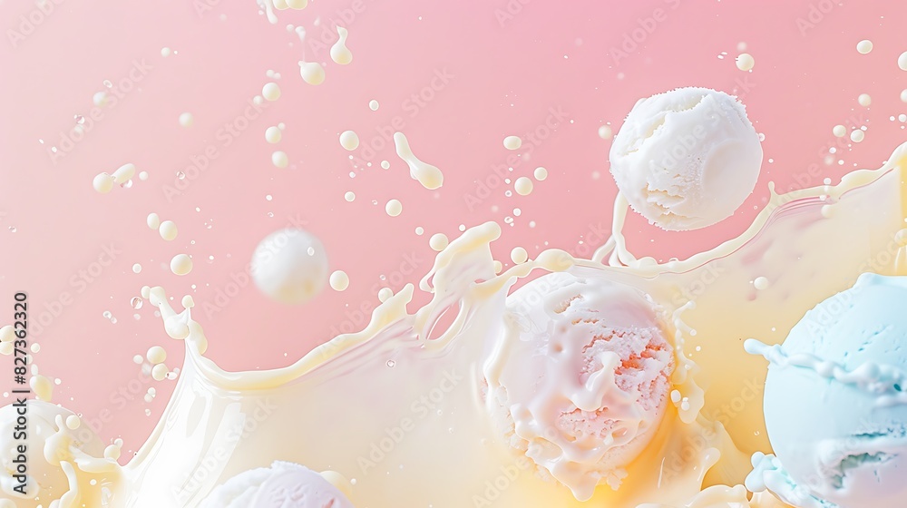 ice cream scoops with splashing milk on pastel pink background ice cream scoops with splashing milk on pastel pink background