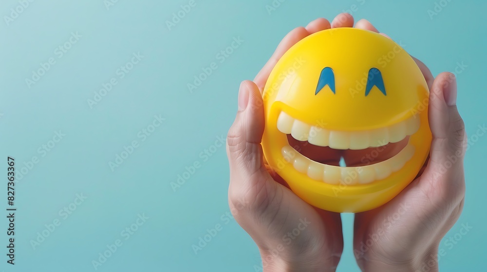 closeup of hands holding a grinning emoji on a pale blue background with space for copy The emoji is bright yellow with a wide, toothy grin closeup of hands holding a grinning emoji on a pale blue background with space for copy The emoji is bright yellow with a wide, toothy grin