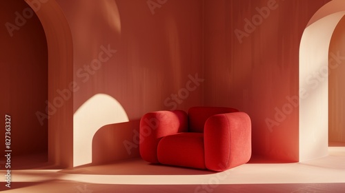 Modern minimalist terracotta living room with vibrant red armchair