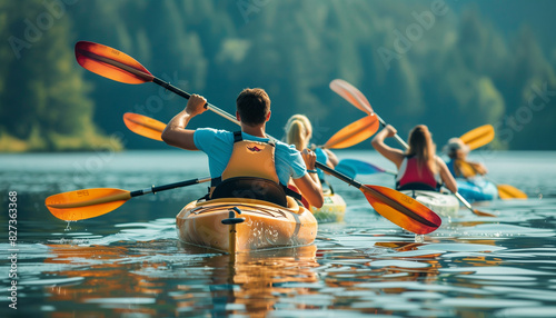 A group of employees kayaking together on a calm lake, helping each other navigate and enjoy the experience, with copy space