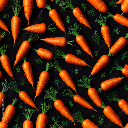Orange carrots with green stems on a dark background in a pattern, creating a striking visual contrast.