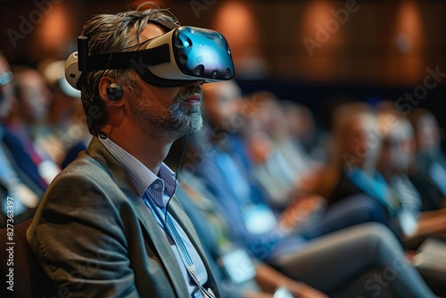 A seminar speaker using virtual reality to demonstrate new business technologies to an intrigued audience, Close up © Nawarit