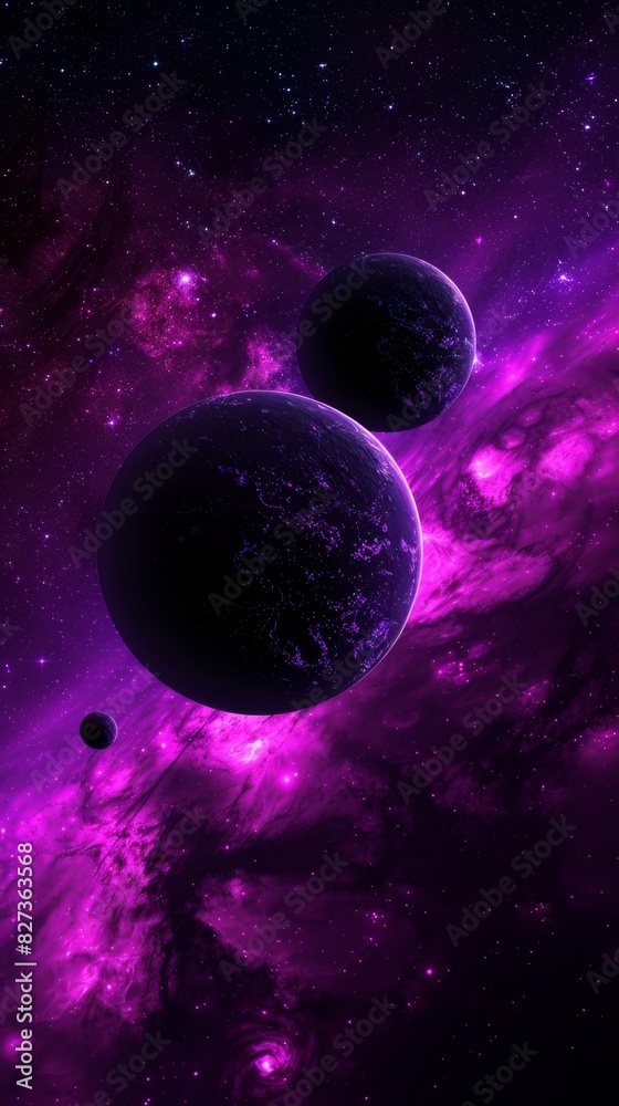 Obraz premium Cosmic dance of planets in a vibrant purple nebula