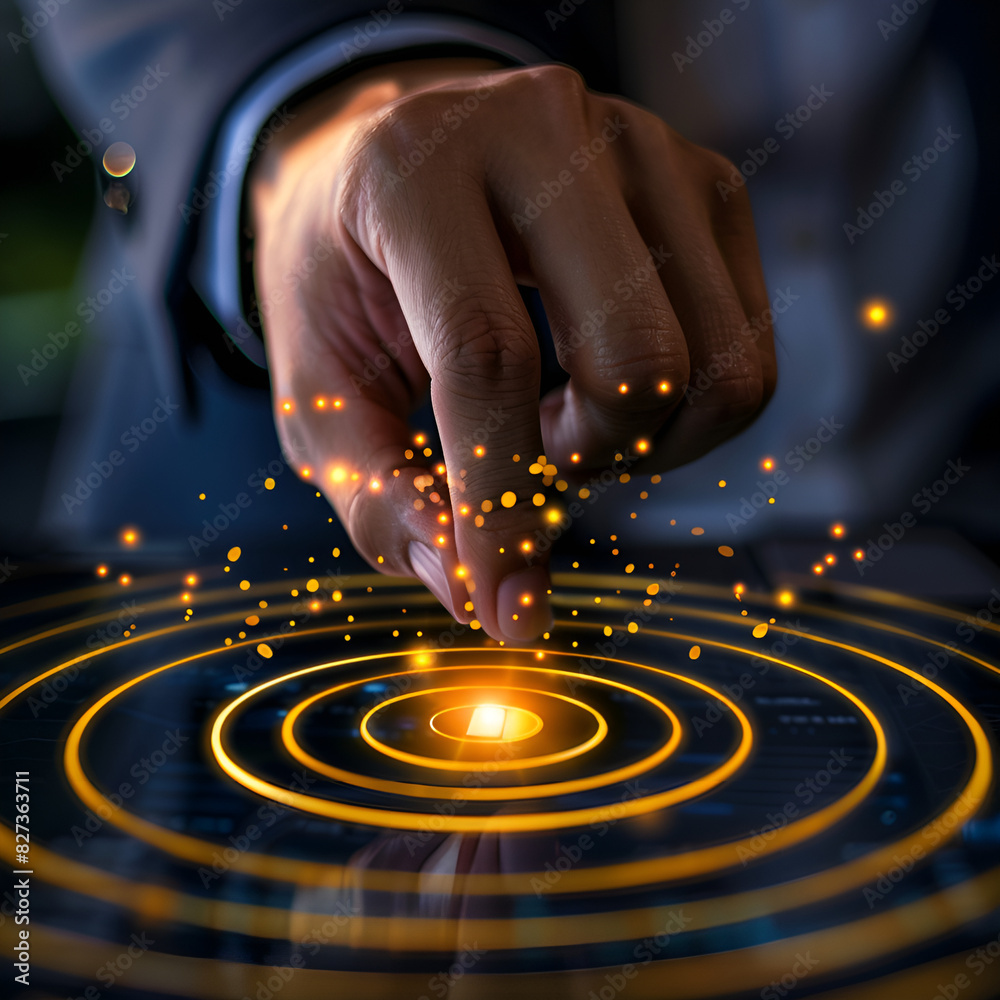 Businessman touches the target on the virtual board, precision in setting objectives for business investments, visualizes strategic approach to achieving goals Businessman touches the target on the virtual board, precision in setting objectives for business investments, visualizes strategic approach to achieving goals