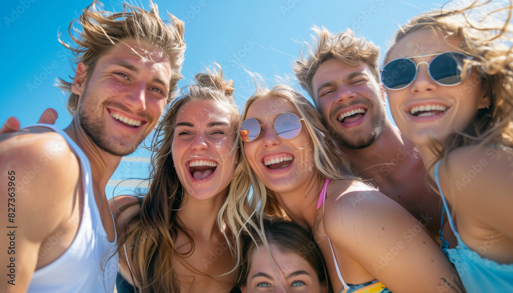 Friends posing for a group photo after an exciting game of beach volleyball, smiles wide and sun-kissed faces, with copy space Friends posing for a group photo after an exciting game of beach volleyball, smiles wide and sun-kissed faces, with copy space
