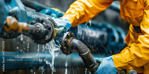 Dynamic image of a worker in protective gear fixing a bursting high-pressure water pipe photo