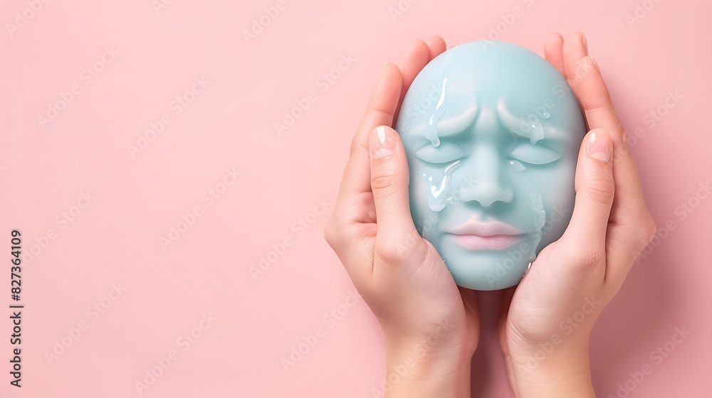 closeup of hands holding a crying emoji on a soft pink background with space for copy The emoji is light blue with tears streaming down its face closeup of hands holding a crying emoji on a soft pink background with space for copy The emoji is light blue with tears streaming down its face