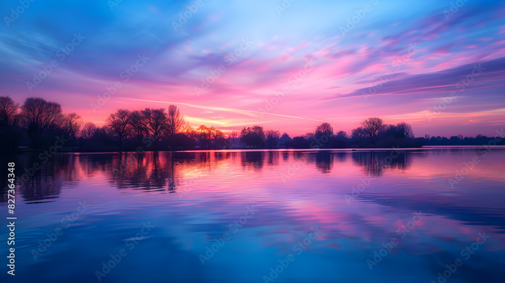 Serene Sunset Over Tranquil Lake with Silhouetted Trees and Reflections in a Peaceful Setting