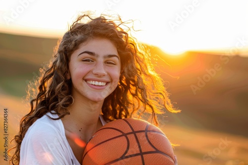 Joyful young teenager holding a basketball at sunset © volga