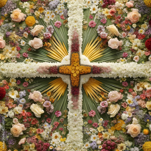 Ein farbenfroher Blumenteppich in Form eines Kreuzes auf grünem Hintergrund, gestaltet mit verschiedenen Blumen. Perfekt für Fronleichnam oder andere christliche Feste.