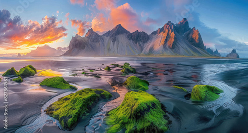 panoramic view of black sand beach with green moss, majestic vestrahorn mountain in the background, colorful sky at sunset, Icelandic landscape photo