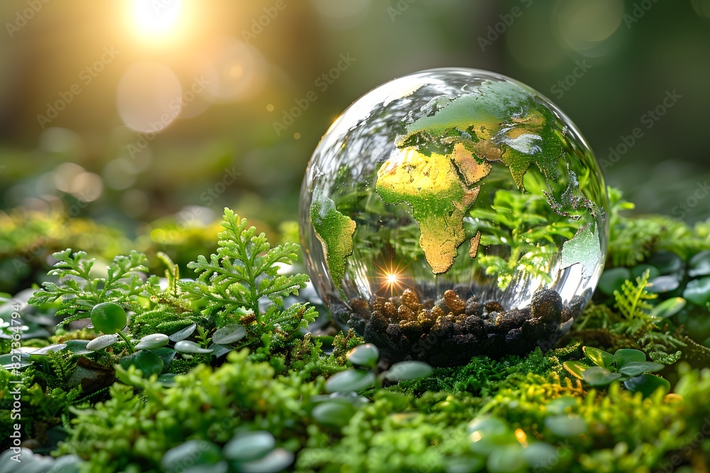 Sustainable Nature Concept: Glass Globe Reflecting Sunlight on Green Moss for Environmental Awareness Posters Sustainable Nature Concept: Glass Globe Reflecting Sunlight on Green Moss for Environmental Awareness Posters