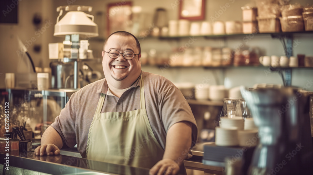 Joyful Coffee Shop Employee with Down Syndrome Smiling at the Bar Joyful Coffee Shop Employee with Down Syndrome Smiling at the Bar