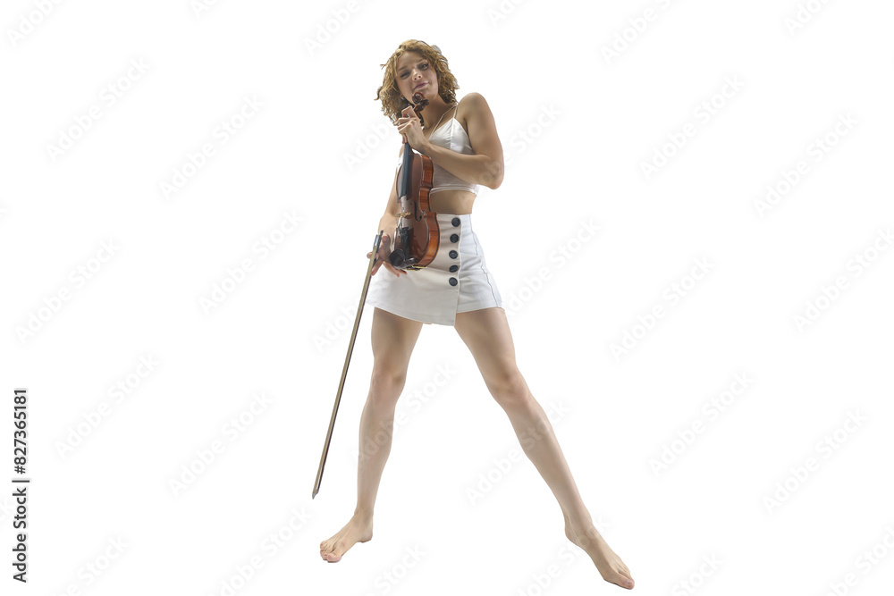 young blonde female musician stands with a violin in one hand and a bow in the other bottom view, isolated on transparent background, png young blonde female musician stands with a violin in one hand and a bow in the other bottom view, isolated on transparent background, png