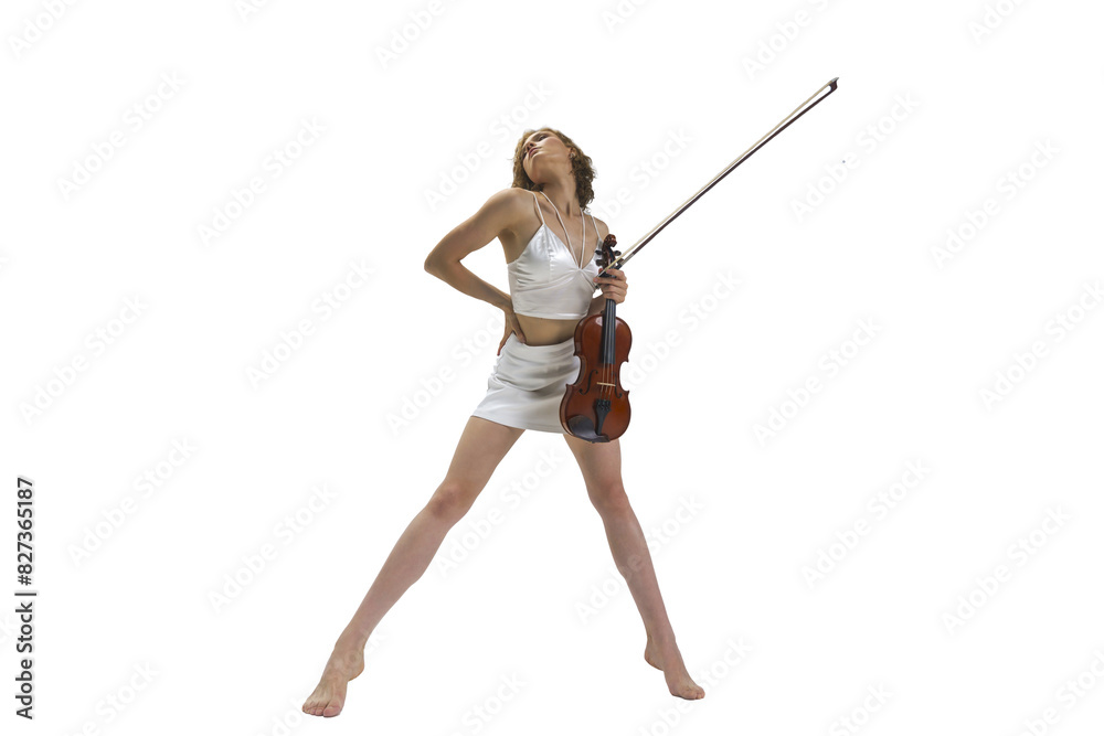young blonde female musician stands with a violin in one hand and a bow in the other bottom view, isolated on transparent background, png young blonde female musician stands with a violin in one hand and a bow in the other bottom view, isolated on transparent background, png