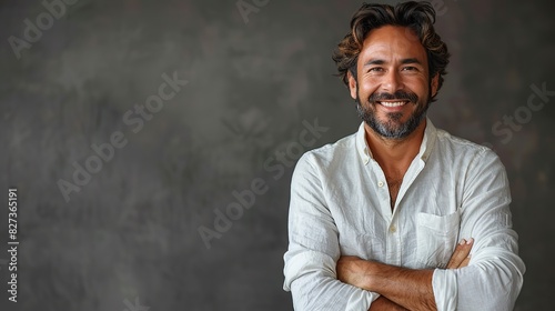 confident businessman in a shirt standing in a studio with crossed arms wearing a charming smile