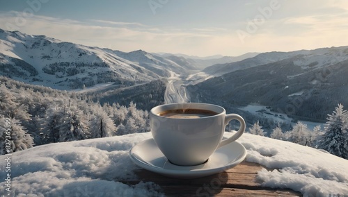 Beautiful cup of coffee with snowy landscape Generative AI