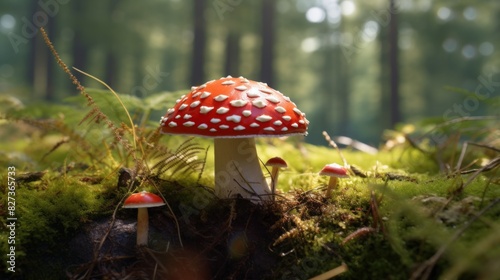 a serene forest with mist filtering through the tall trees and striking red mushrooms with white spots growing amidst the moss photo